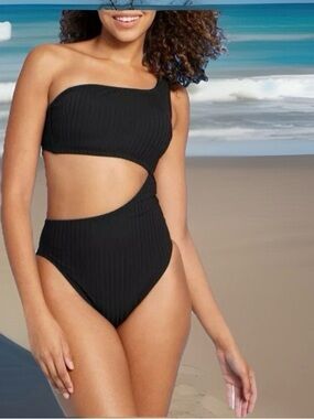 Yonique Black One-Shoulder Cutout Ribbed Swimsuit